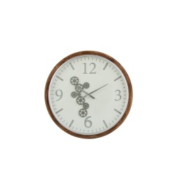 Grande horloge murale ronde engrenage en bois et blanc 74x6 cm