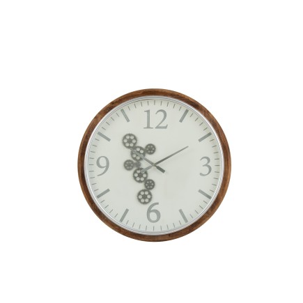 Grande horloge murale ronde engrenage en bois et blanc 74x6 cm