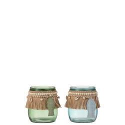 Lot de 2 photophores  avec collier en verre bleu et vert