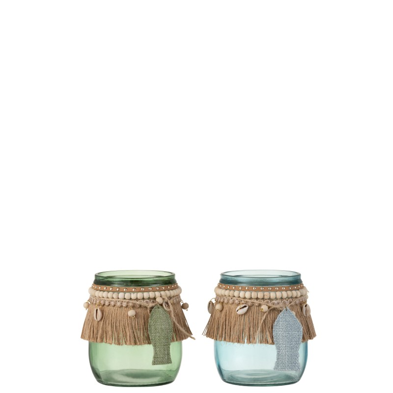 Lot de 2 photophores  avec collier en verre bleu et vert
