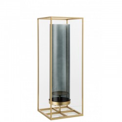 Portavelas rectangular alto metal/cristal oro Alt. 55 cm