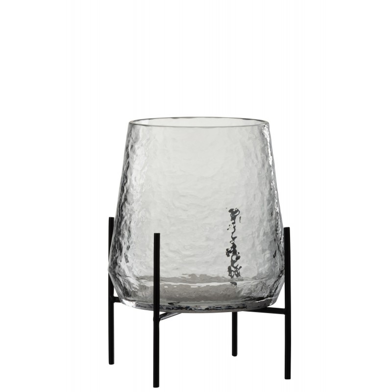 Jarrón irregular sobre base de metal en vidrio transparente de 20x20x26 cm