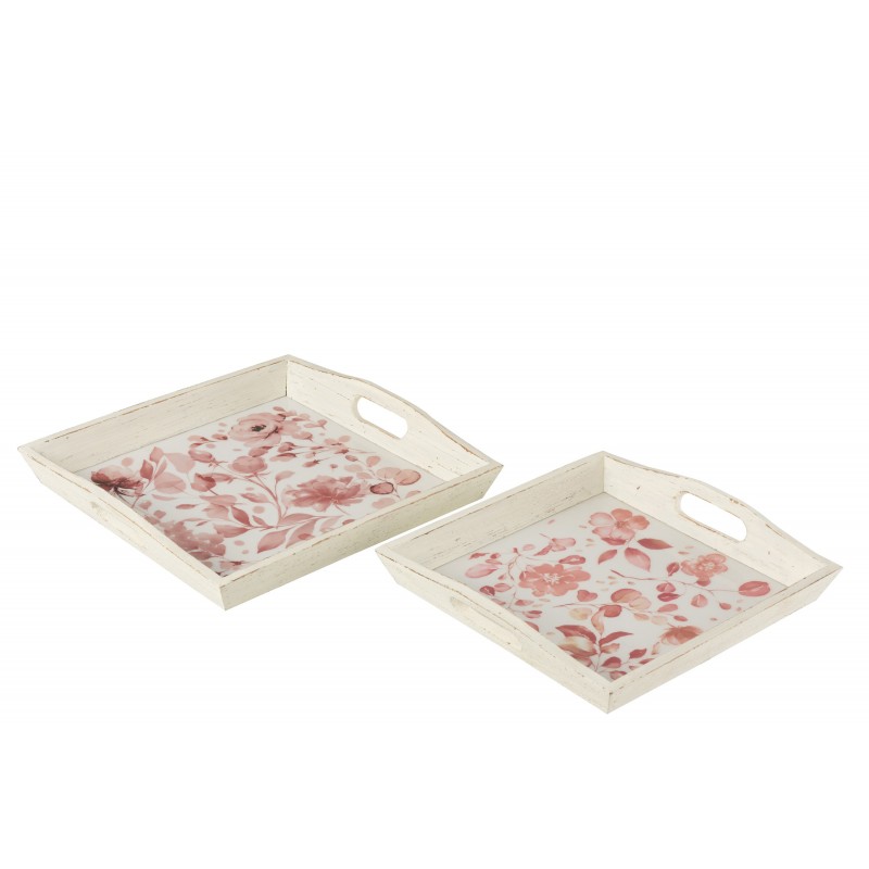 Set de 2 plateaux à motifs roses en bois blanc L35cm et 39cm