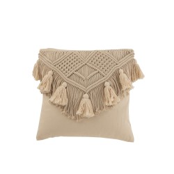 Coussin carré avec pompons en coton beige 45x45cm - Coussin d'extérieur