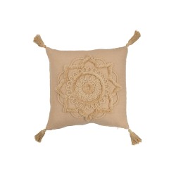 Coussin carré avec fleur et pompons en polyester beige 43x43cm - Coussin d'extérieur