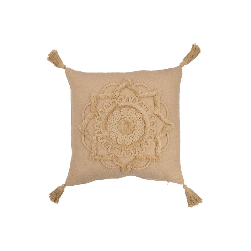 Coussin carré avec fleur et pompons en polyester beige 43x43cm - Coussin d'extérieur