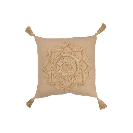 Coussin carré avec fleur et pompons en polyester beige 43x43cm - Coussin d'extérieur