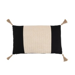 Coussin rectangle avec pompons en coton noir 50x30cm - Coussin d'extérieur