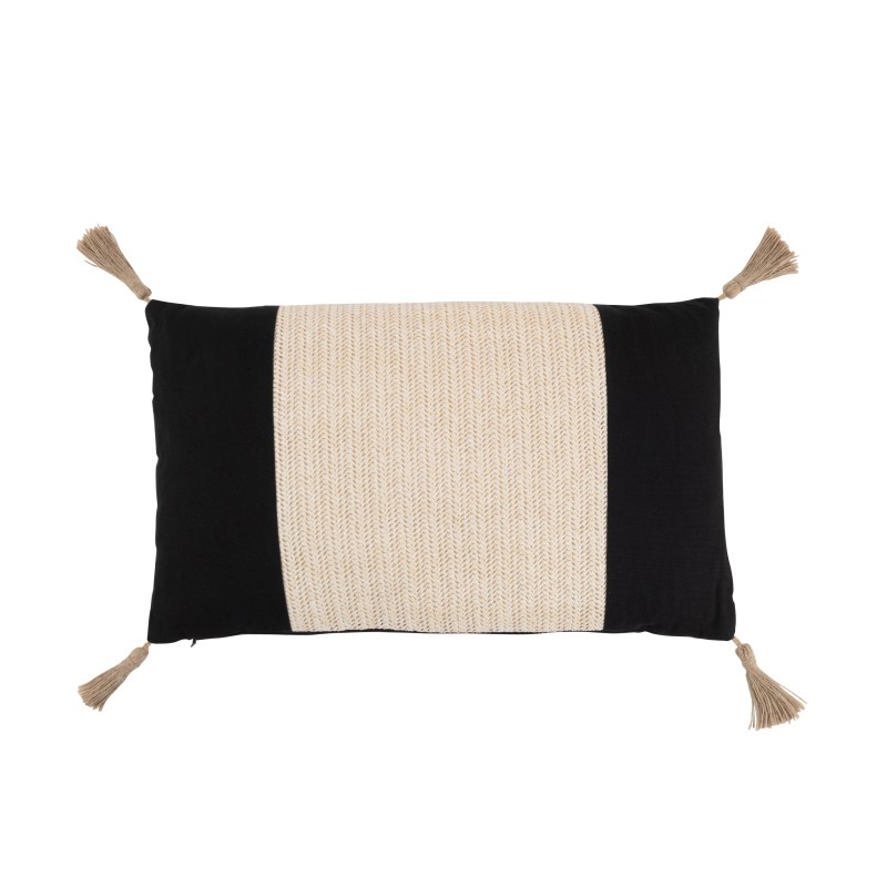 Coussin rectangle avec pompons en coton noir 50x30cm - Coussin d'extérieur