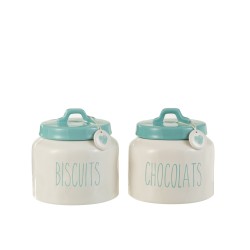 Set de 2 pots de conservation en céramique blanc et Azur 18x18x15.5 cm
