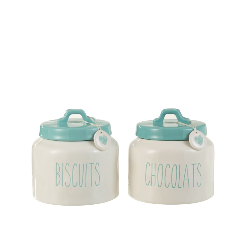 Set de 2 pots de conservation en céramique blanc et Azur 18x18x15.5 cm