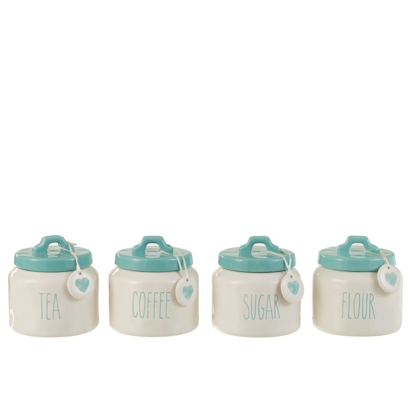 Set de 4 pots de conservation en céramique blanc et Azur 13x13x11 cm