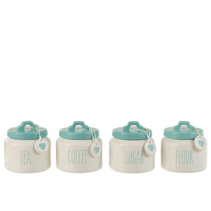 Set de 4 pots de conservation en céramique blanc et Azur 13x13x11 cm
