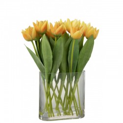 Bouquet de tulipes artificiel dans vase ovale en plastique jaune 19x12x38 cm