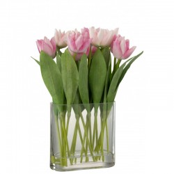 Ramo de tulipanes artificiales en jarrón ovalado de plástico rosa de 19x12x38 cm
