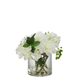 Dalia hortensia artificial en jarrón redondo de plástico blanco de 28x23x24 cm