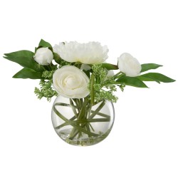 Renoncule de pivoine en vase boule en plastique blanc 26x26x28cm