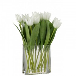 Ramo de tulipanes artificiales en jarrón ovalado de plástico blanco de 19x12x38 cm
