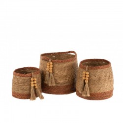Set de 3 cestas redondas de madera natural de 39x39x35 cm