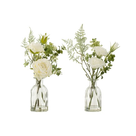 Set de 2 bouquets artificiels dans vase en plastique blanc 17x17x32 cm