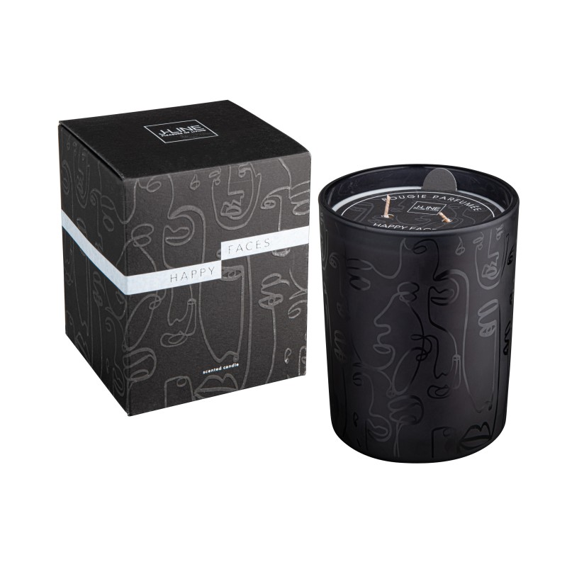 Bougie parfumée Happy faces 70H dans pot en verre noir 9.5x9.5x12.5 cm Bougie parfumée Happy faces 70H dans pot en verre noir 9.5x9.5x12.5 cm