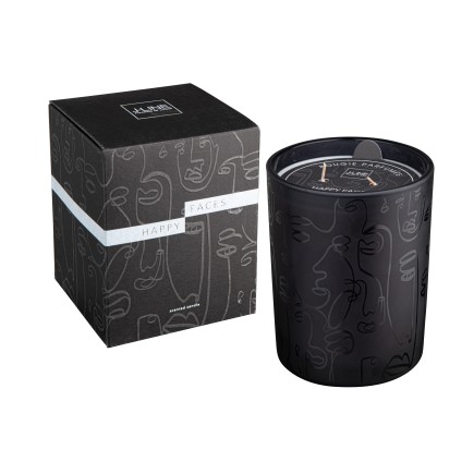 Vela perfumada Happy faces 70H en tarro de vidrio negro 9.5x9.5x12.5 cm