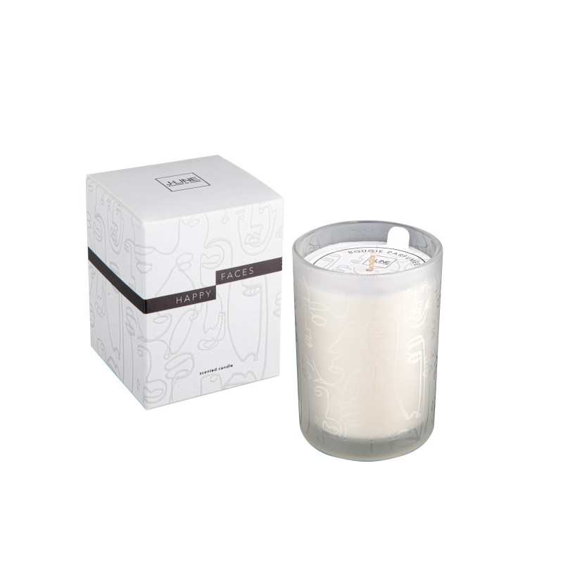 Bougie parfumée Happy faces 35H dans pot en verre blanc 8x8x10.5 cm