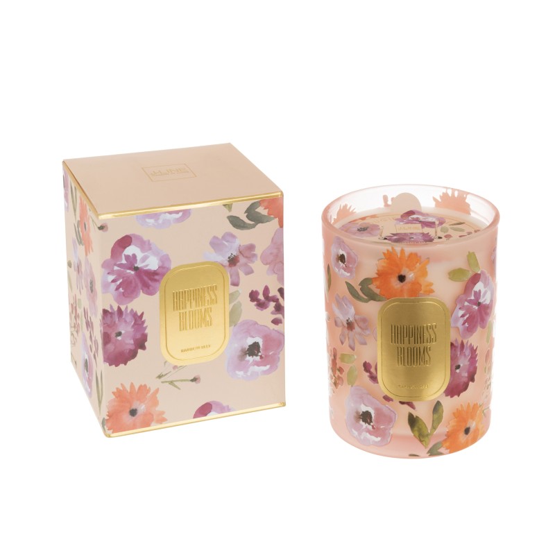Bougie parfumée hapiness 70H dans pot en verre rose 10x10x12.5 cm Bougie parfumée hapiness 70H dans pot en verre rose 10x10x12.5 cm