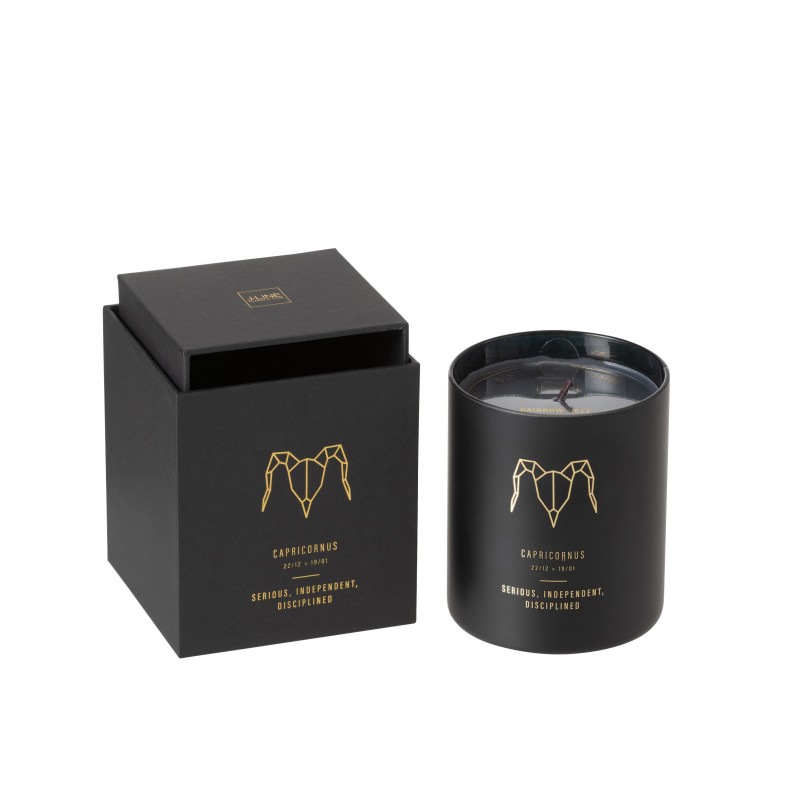 Vela perfumada signo Capricornio 50H en tarro de vidrio negro 8x8x9.5 cm