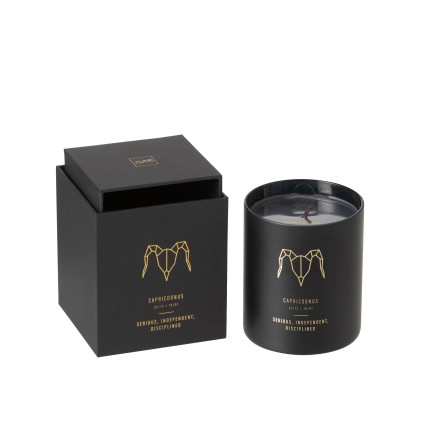 Vela perfumada signo Capricornio 50H en tarro de vidrio negro 8x8x9.5 cm
