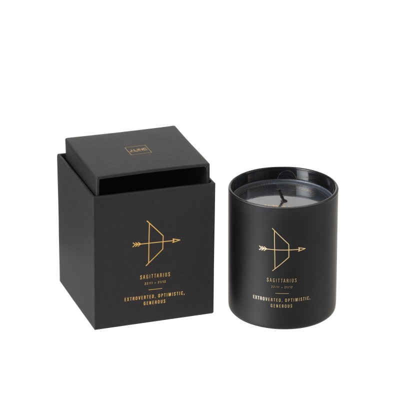 Vela perfumada signo sagitario 50H en tarro de vidrio negro 8x8x9.5 cm