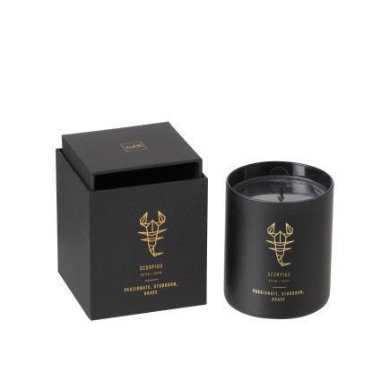 Vela perfumada signo de Escorpio 50H en tarro de vidrio negro 8x8x9.5 cm