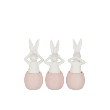 Set de 3 conejos de la sabiduría en cerámica rosa 9x9x25 cm