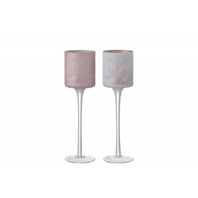 Assortiment de 2 photophores à pied en verre rose avec décoration florale