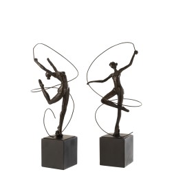 Conjunto de 2 gimnastas en pedestal de resina marrón de 20x18x46 cm