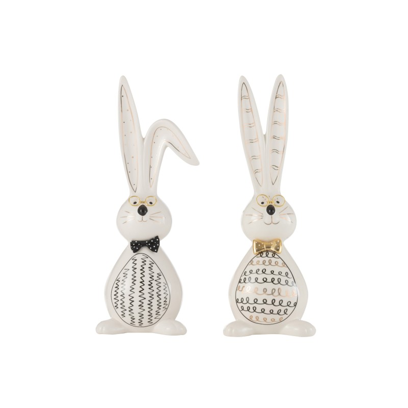 Conjunto de 2 conejos de cerámica blanco y dorado de 12.5x11x36 cm