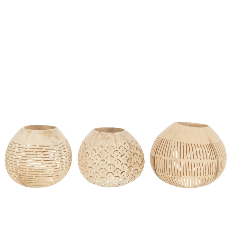 Set de 3 Photophore noix de coco en bois naturel 14.5x14.5x11.5 cm Set de 3 Photophore noix de coco en bois naturel 14.5x14.5x11.5 cm