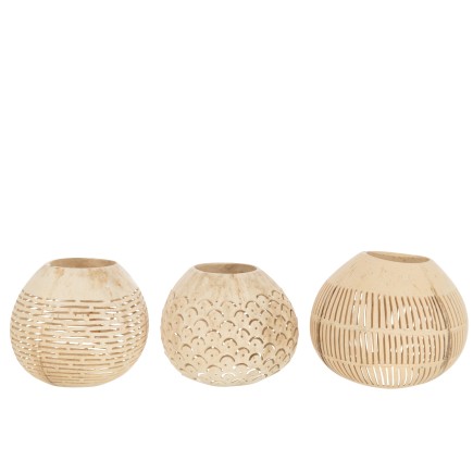 Set de 3 Photophore noix de coco en bois naturel 14.5x14.5x11.5 cm