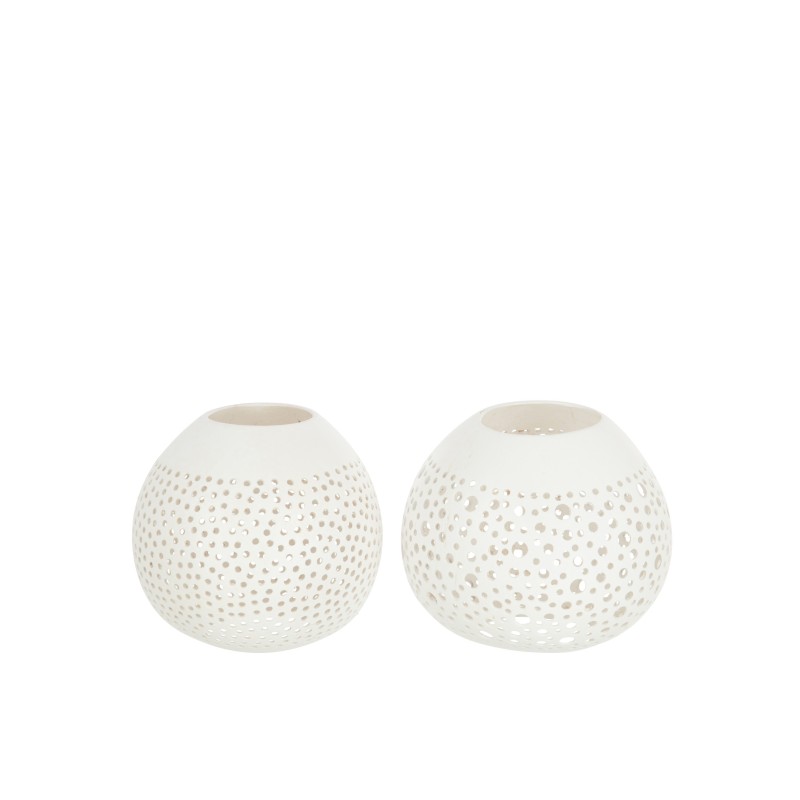 Set de 2 Photophores ajourés en bois de noix de coco blanc 27.5x14.5x12 cm Set de 2 Photophores ajourés en bois de noix de coco blanc 27.5x14.5x12 cm