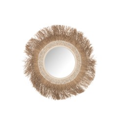 Miroir rond dans cercle de coquillage et raphia naturel