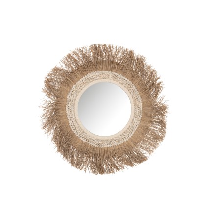 Miroir rond dans cercle de coquillage et raphia naturel