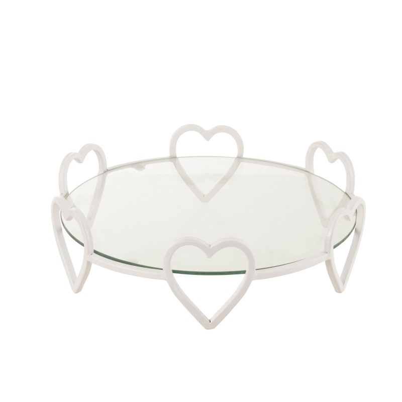 Plato con soporte en forma de corazón de metal blanco de 36x36x10 cm