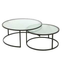 Lot de 2 tables gigognes rondes plateau en verre et en métal noir 140x90x38 cm