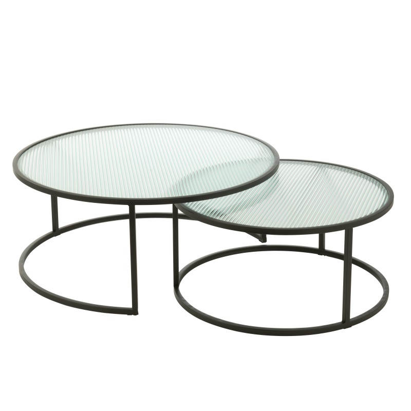 Lot de 2 tables gigognes rondes plateau en verre et en métal noir 140x90x38 cm