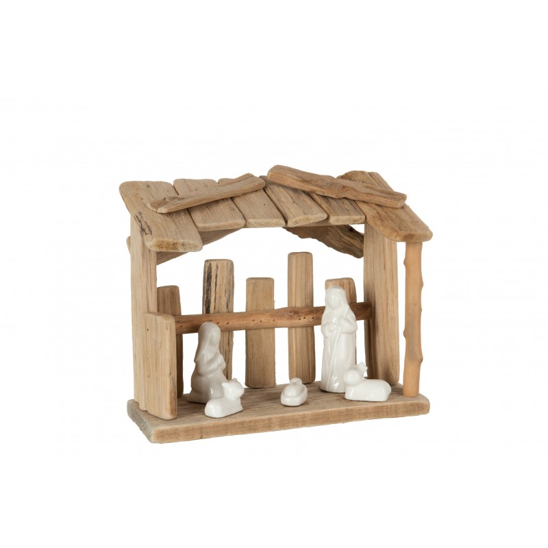 Crèche de Noël en bois naturel avec personnage en céramique en bois naturel 26x12x22 cm