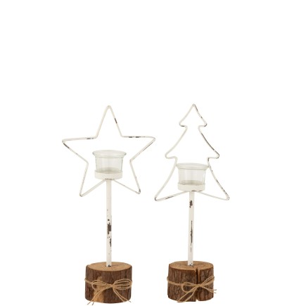 Set de 2 photophores de Noël sur tronc  en métal blanc 7.5x14x37 cm