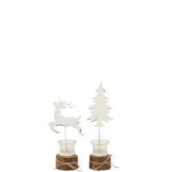 Set de 2 photophores de Noël sur tronc  en métal blanc 12x9x23 cm