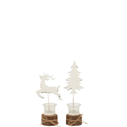 Set de 2 photophores de Noël sur tronc  en métal blanc 12x9x23 cm