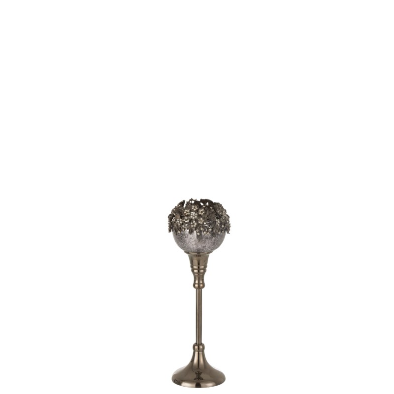 Photophore sur pied décoré de strass en aluminium gris 9x9x28 cm