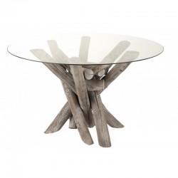Table ronde avec dessus verre et pied en branches de bois gris délavé
